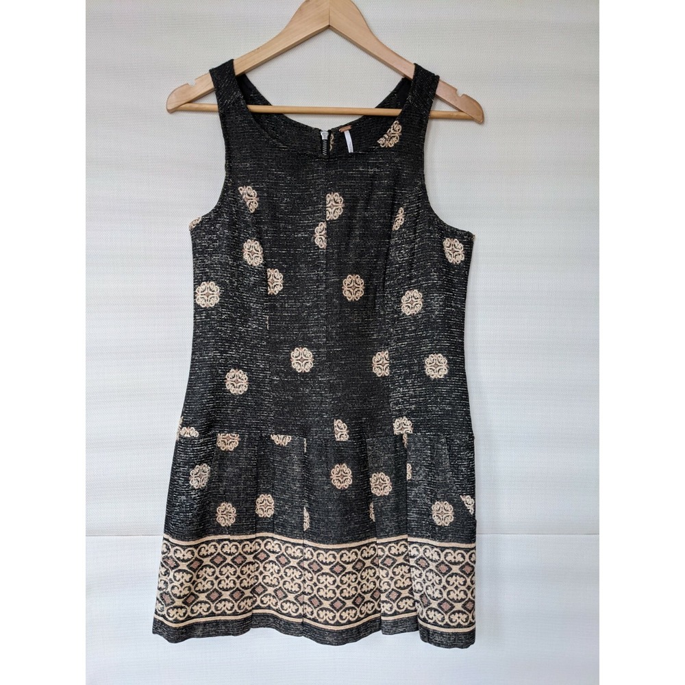 FREE PEOPLE pleated Grey Drop Waist Tunic Dress Women's Sz 6 Small pocket print
